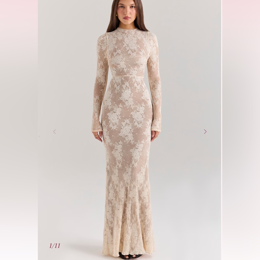 House of CB Isoline Beige and Ivory Lace Maxi Dress